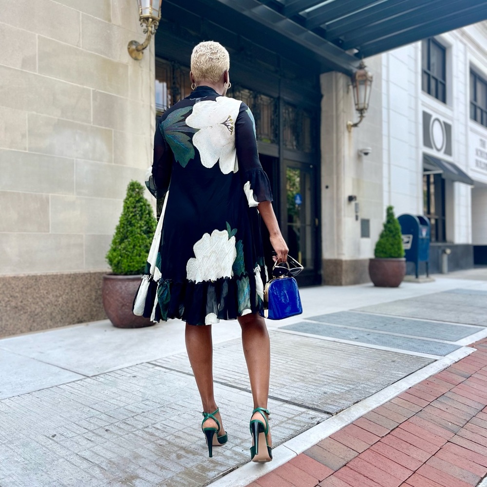DVF Spring floral ruffle black dress
